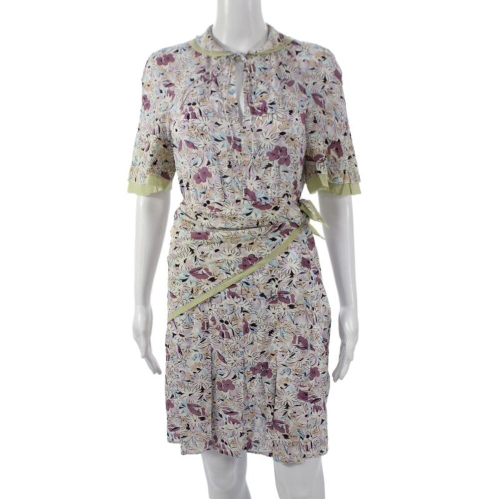 Prada Women Jacket Wrap Dress Beige Floral Collared Short Sleeve Size S